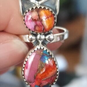 Sterling Silver Cat Adjustable Ring Kingman Turquoise Spiney/Pink Dalia 6-9